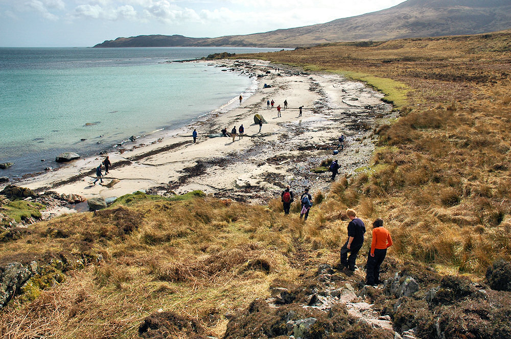 Picture of a number of walkers walking down a hill and along a beach