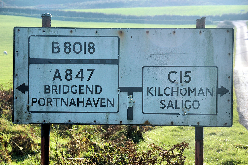 Picture of a road sign on Islay with a rare road designation, a C-road