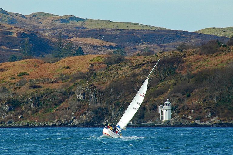 Sailing yacht near Carraig Mhòr lighthouse, Sound of Islay Islay