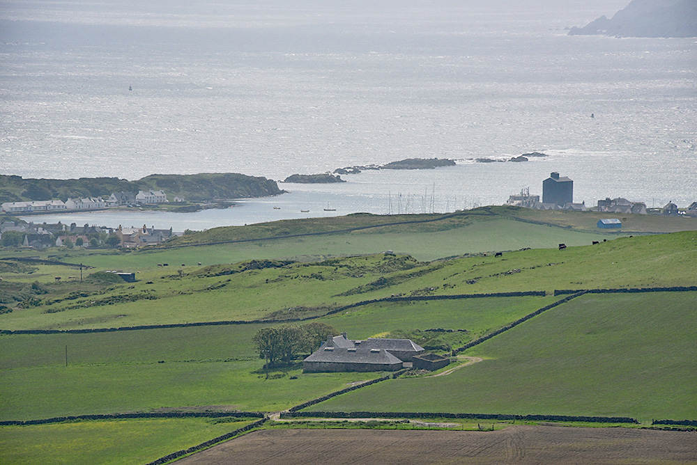 Picture of a farm and a coastal village with a harbour seen from a hill
