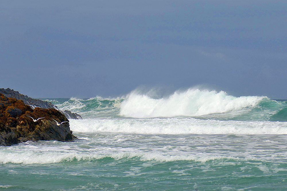 Picture of waves breaking as they approach a rocky shore