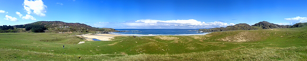 Panoramic picture of a bay with a sandy beach and dunes