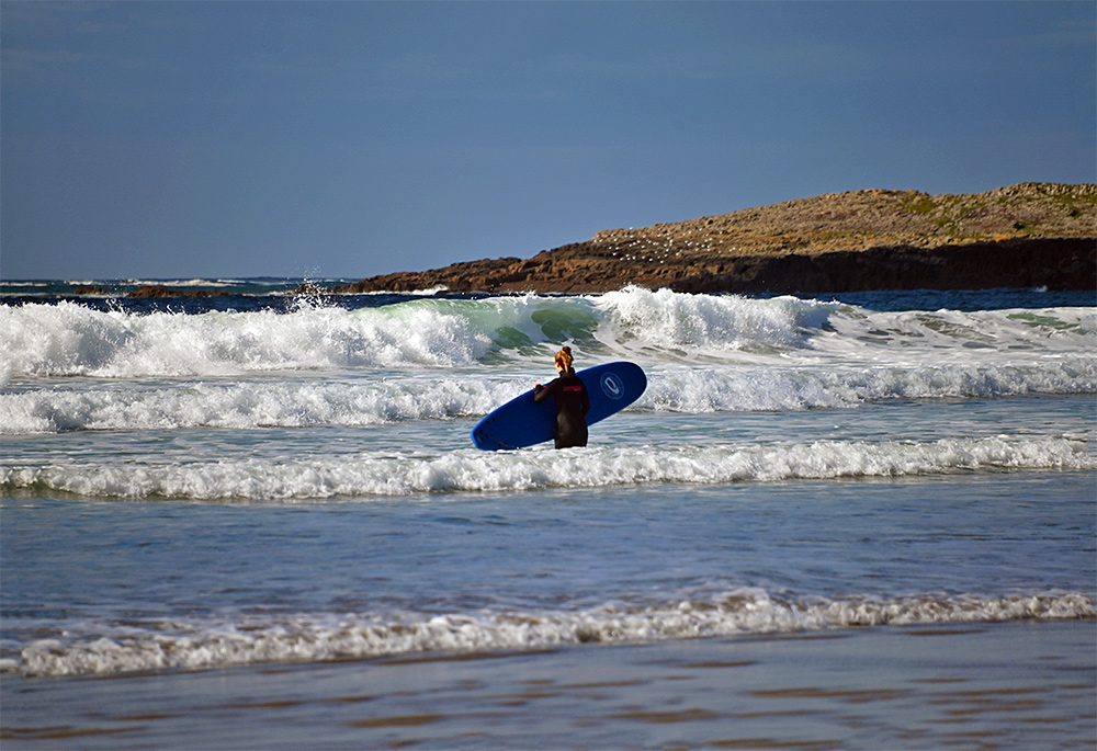 Picture of a female surfer standing in the surf off a beach on a sunny day