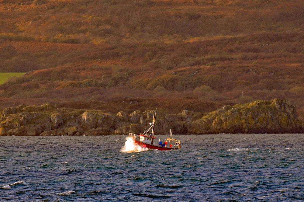 Picture of a small red fishing boat hitting a wave near a shore