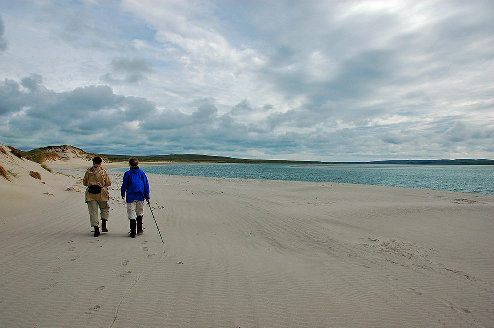 Picture of two walkers on a beach along some dunes, a loch stretching out in the distance on the side