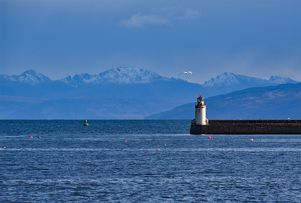Picture of a lighthouse on a pier with a gull flying above, snow capped mountains in the background