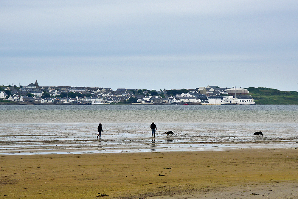 Picture of a couple walking their two dogs on a sea loch at low tide