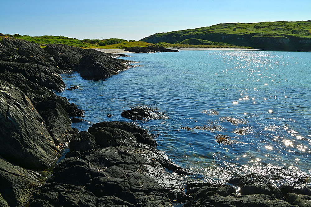 Picture of a coastline with rocks and beach under a bright blue sunny sky