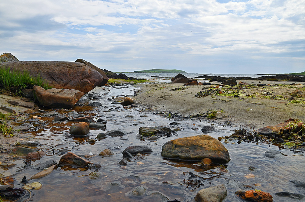 Picture of a low level view of a beach with stones, rocks and seaweed. A small island in the distance