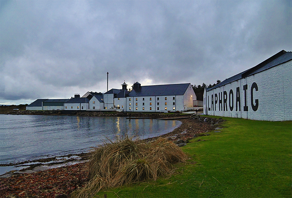Picture of Laphroaig distillery on an overcast and damp November afternoon