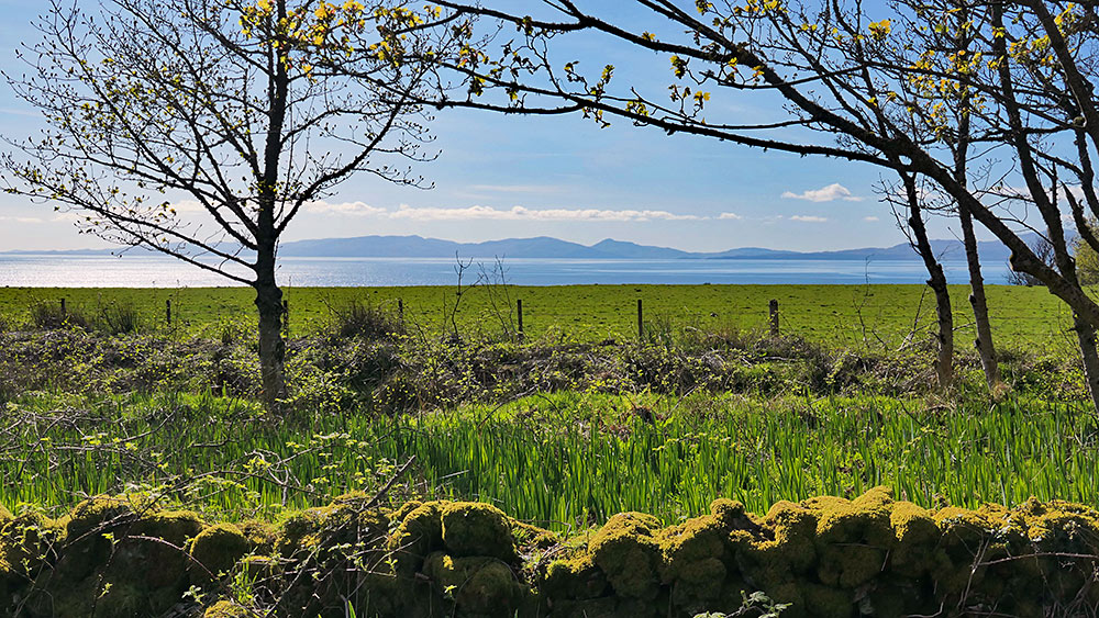 Picture of a view from a coastal road to an island on a sunny April day