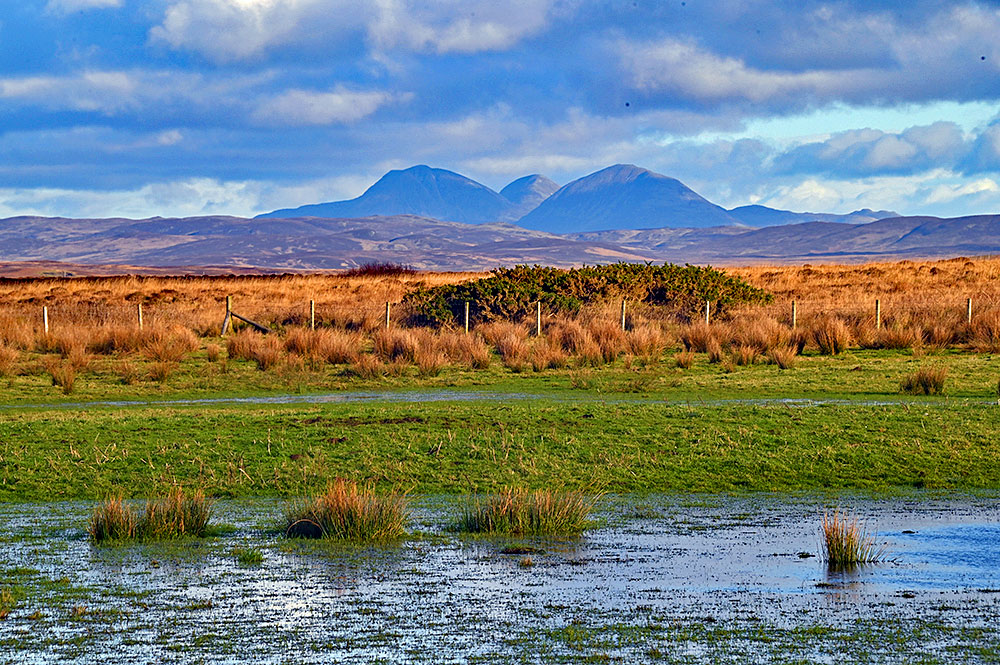 Picture of three round mountains in the distance behind a flooded field in a rugged landscape