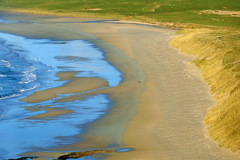 Picture of a view of a beach from high above, a single walker in the centre, when looking closely it's possible to spot her two dogs