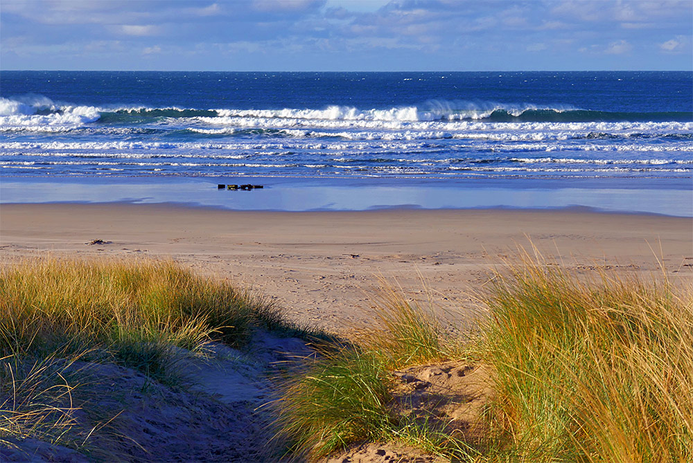 Picture of a view from a path through sand dunes leading to a sandy beach. An old wreck in the beach close to the waterline, waves breaking in the bay behind.