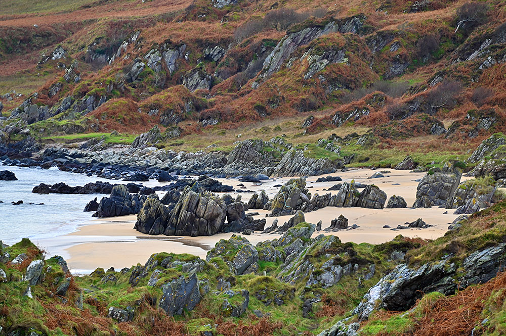 Picture of a small sandy beach with rocks strewn across in a rugged shoreline