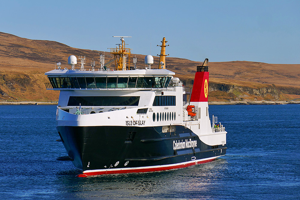 Picture of the Calmac ferry MV Isle of Islay in beautiful April afternoon sunshine