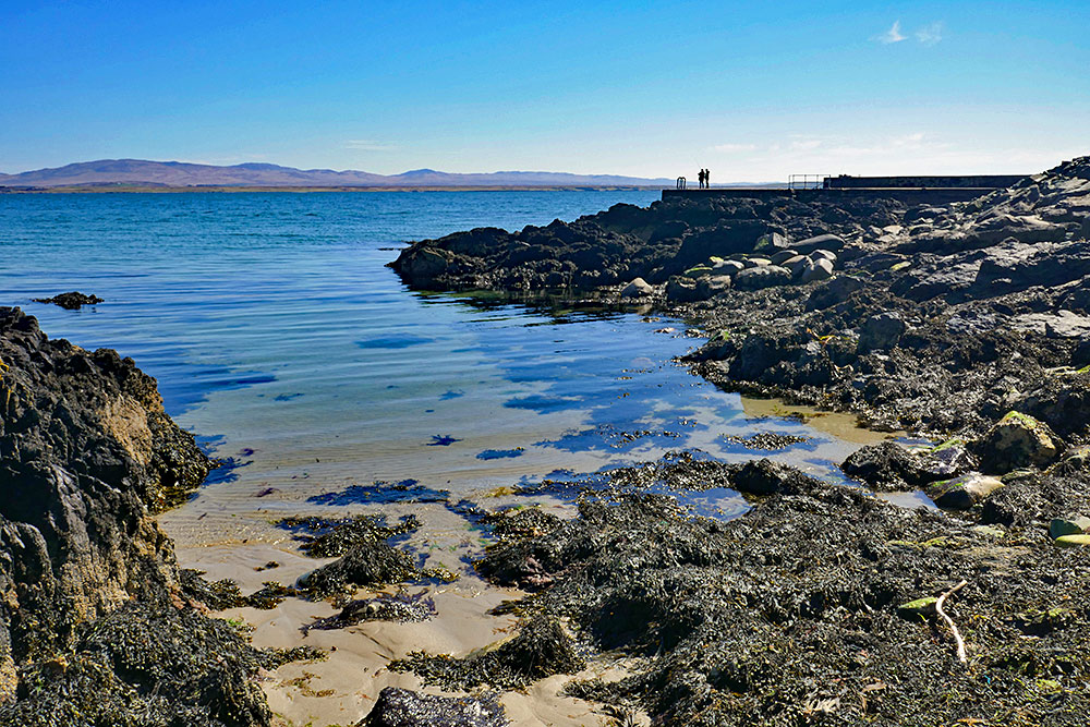 Picture of a rocky sea shore with a concrete pier in the background on a bright sunny day