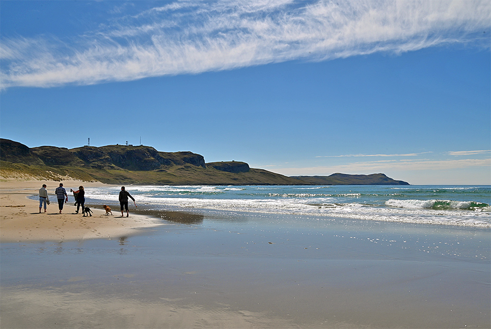 Picture of a group of people out for a walk on a beach with their two dogs on a sunny April afternoon