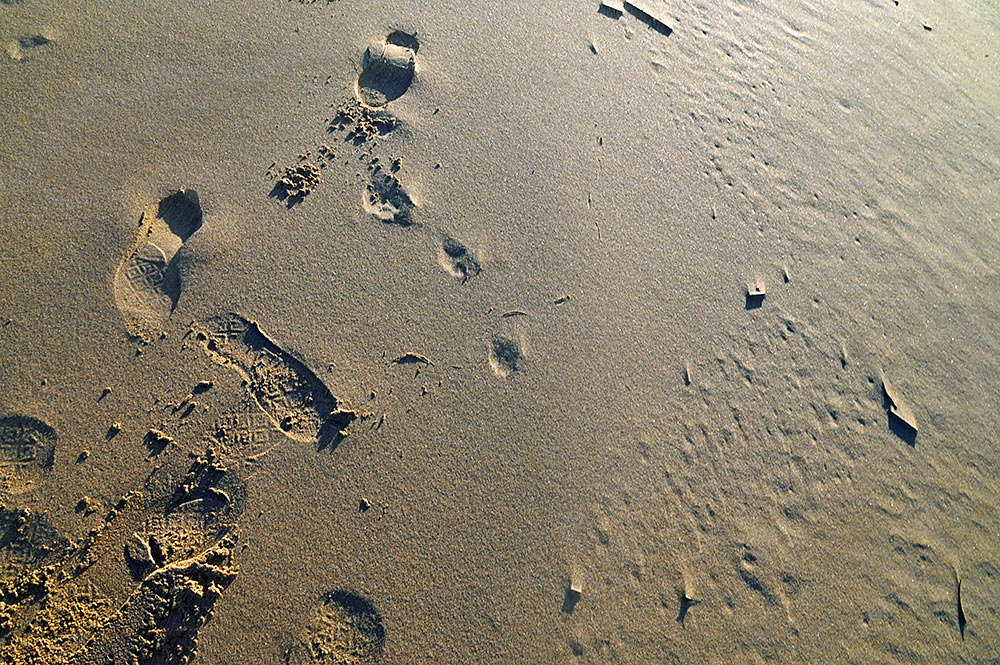 Picture of footprints and textures on a sandy beach in mild evening sunlight